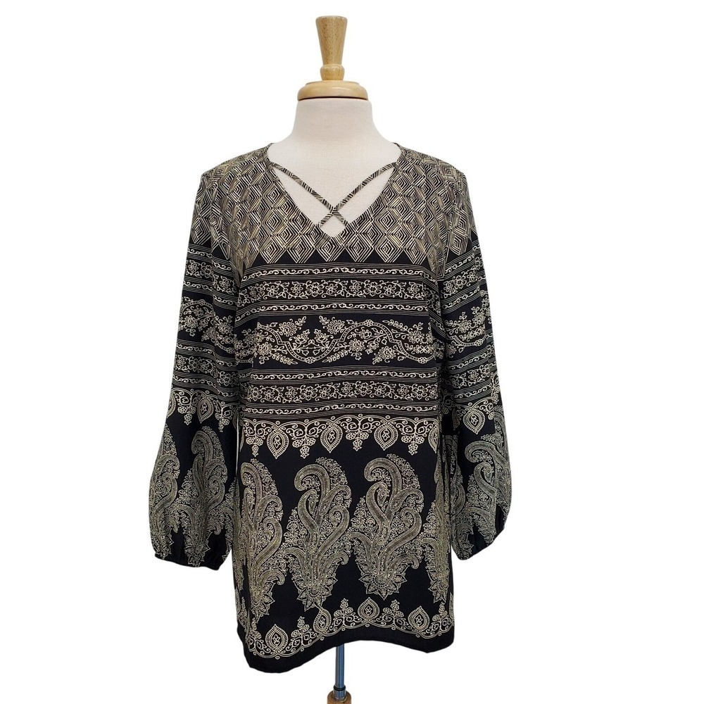 Chico's Black Tan Mixed‎ Print Long Sleeve Blouse Strappy Neckline Womens Medium